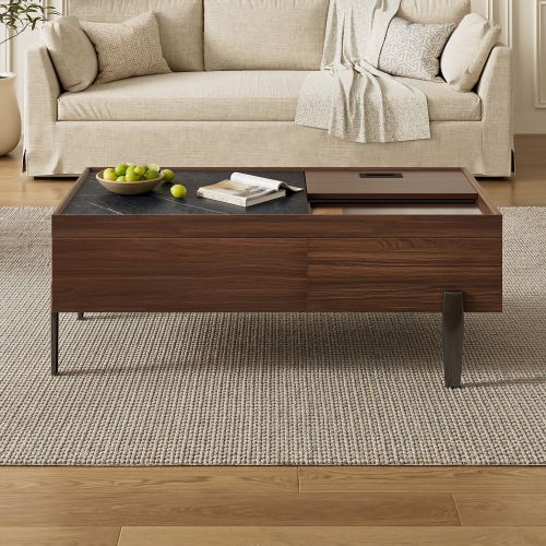 Table Basse Rectangulaire Marron Et Gris Foncé Avec Tiroirs, Rangement Et Plateau En Verre