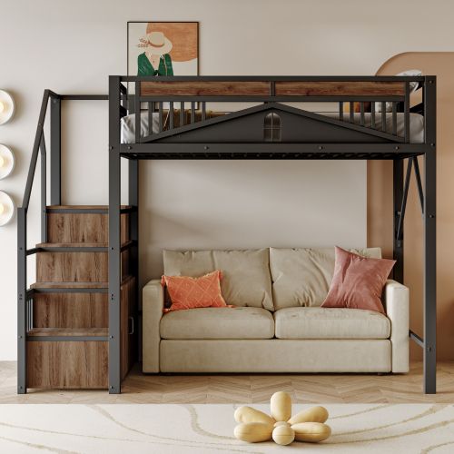 Lit Mezzanine 140x200 Cm Avec Rangement Et Escalier, En Métal, Noir