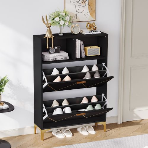 Meuble à Chaussures Avec 2 Portes Rabattables, 4 Compartiments De Rangement, 2 Étagères