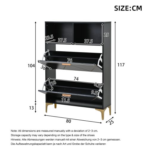 Meuble à Chaussures Avec 2 Portes Rabattables, 4 Compartiments De Rangement, 2 Étagères