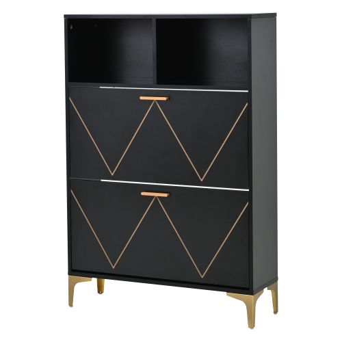 Meuble à Chaussures Avec 2 Portes Rabattables, 4 Compartiments De Rangement, 2 Étagères