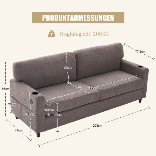 Canapé Droit 2 Places En Chenille Avec Port USB-c, Éclairage LED Et Porte-gobelets