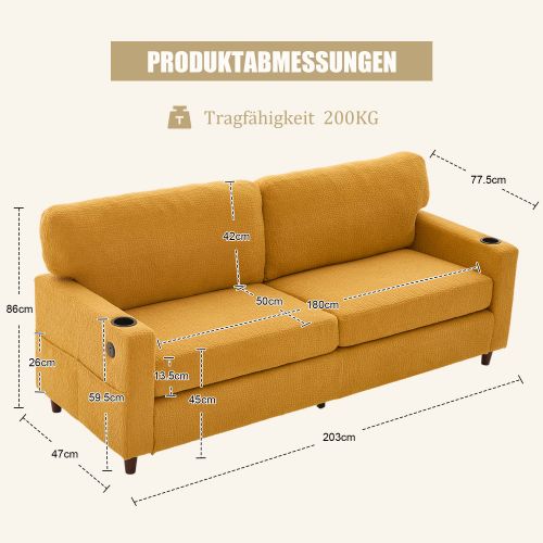 Canapé Droit 2 Places En Chenille Avec Port USB-c, LED D'ambiance Et Porte-gobelets Intégrés