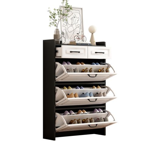 Meuble à Chaussures 3 Abattants 2 Tiroirs, Blanc Et Noir, 131xl80x23.5 Cm