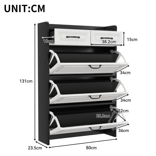 Meuble à Chaussures 3 Abattants 2 Tiroirs, Blanc Et Noir, 131xl80x23.5 Cm