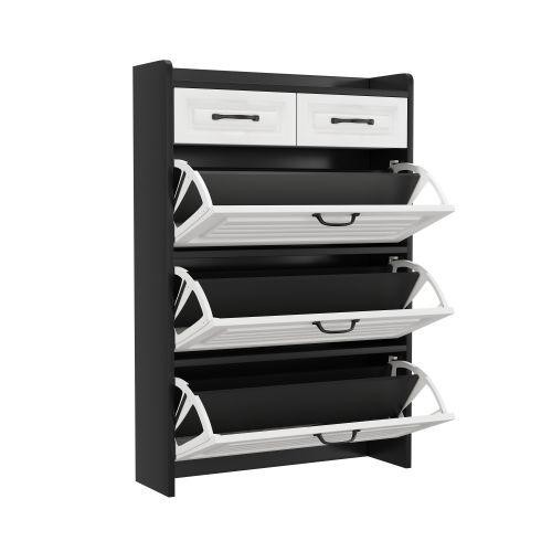 Meuble à Chaussures 3 Abattants 2 Tiroirs, Blanc Et Noir, 131xl80x23.5 Cm