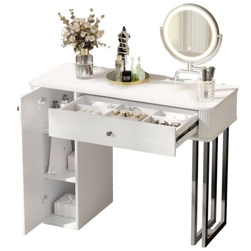 Coiffeuse Avec Miroir LED Dimmable Et Rangement, Sans Tabouret, 100x40x116 Cm Blanc