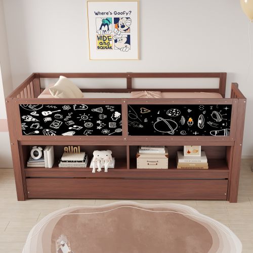 Lit Enfant 90x200 Cm Avec Lit Gigogne 90x190 Cm, Étagères Et Tableau Ardoise, En Bois, Brun