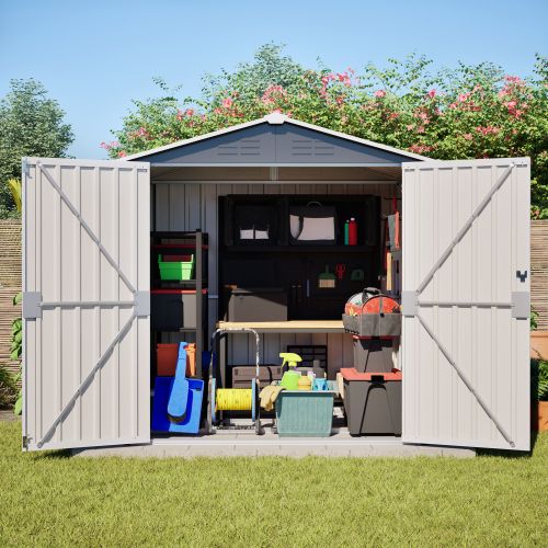 Abri De Jardin En Métal Gris 185 X 142 Cm Avec Base, Ventilation Et Porte Verrouillable