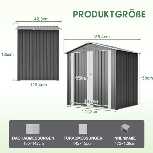 Abri De Jardin En Métal Gris 185 X 142 Cm Avec Base, Ventilation Et Porte Verrouillable