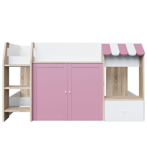 Lit Mezzanine 90x200 Cm, Lit Enfant Basse Avec Rangement, En Bois, Rose Et Naturel