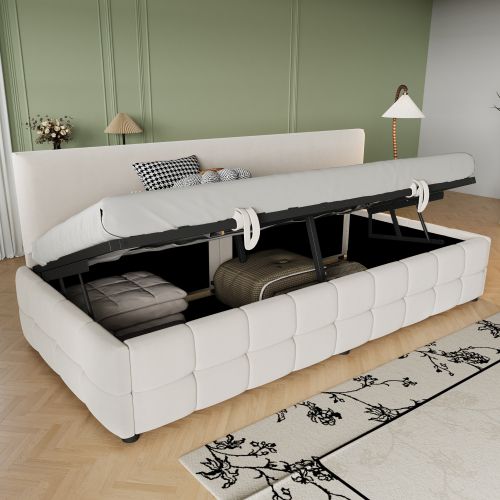 Lit Coffre 90x200 Cm Avec Tête De Lit Et Sommier à Lattes, En Velours, Beige
