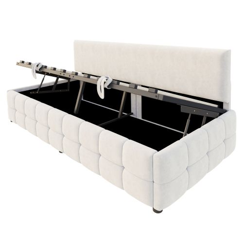 Lit Coffre 90x200 Cm Avec Tête De Lit Et Sommier à Lattes, En Velours, Beige