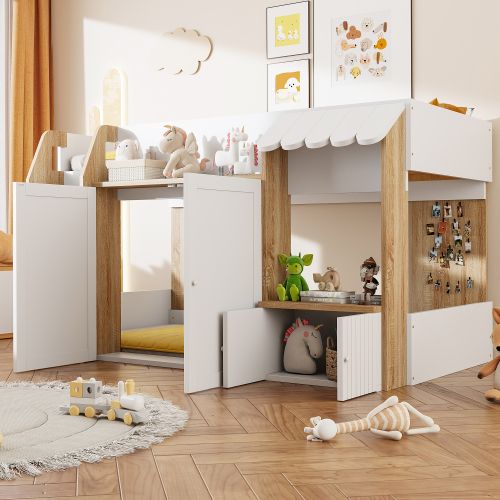 Lit Mezzanine 90x200 Cm, Lit Enfant Basse Avec Rangement, En Bois, Blanc Et Naturel