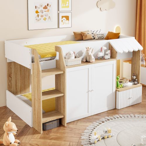 Lit Mezzanine 90x200 Cm, Lit Enfant Basse Avec Rangement, En Bois, Blanc Et Naturel