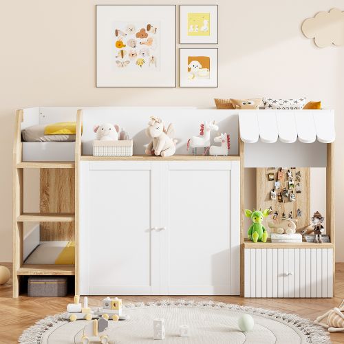 Lit Mezzanine 90x200 Cm, Lit Enfant Basse Avec Rangement, En Bois, Blanc Et Naturel
