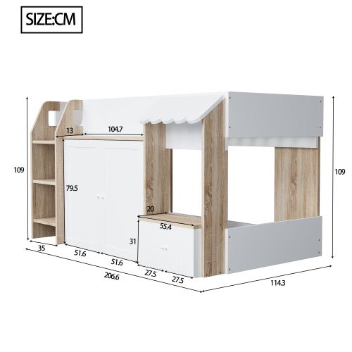 Lit Mezzanine 90x200 Cm, Lit Enfant Basse Avec Rangement, En Bois, Blanc Et Naturel