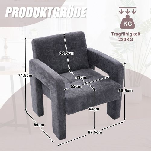 Fauteuil Rembourré En Chenille, Accoudoirs Ergonomiques, Gris