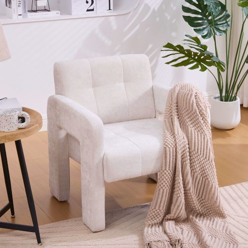 Fauteuil Rembourré En Chenille, Assise Rembourrée, Beige