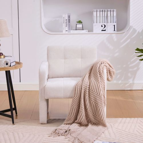 Fauteuil Rembourré En Chenille, Assise Rembourrée, Beige