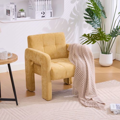 Fauteuil En Chenille, Assise Rembourrée, Jaune Moutarde