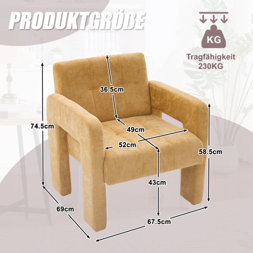 Fauteuil En Chenille, Assise Rembourrée, Jaune Moutarde