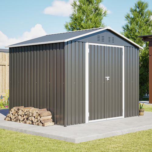 Abri De Jardin En Métal Noir 240x192x191 Cm, Porte Coulissante Verrouillable, 4 Aérations