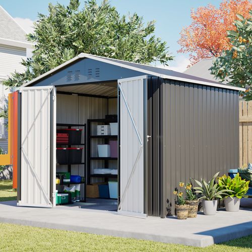 Abri De Jardin En Métal Noir 240x192x191 Cm, Porte Coulissante Verrouillable, 4 Aérations