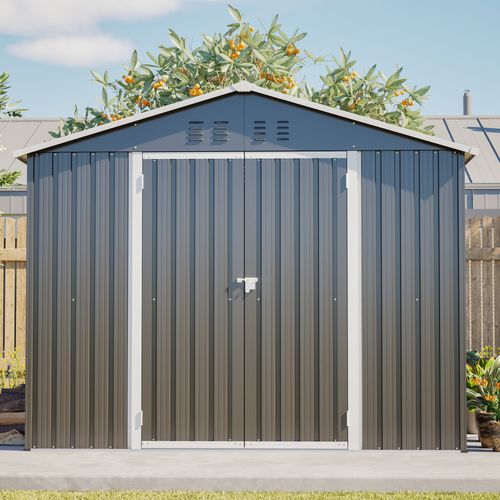 Abri De Jardin En Métal Noir 240x192x191 Cm, Porte Coulissante Verrouillable, 4 Aérations