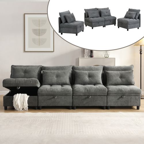 Canapé Convertible Modulaire 4 Places Avec Rangements Sous Assise Et Tissu Chenille Gris