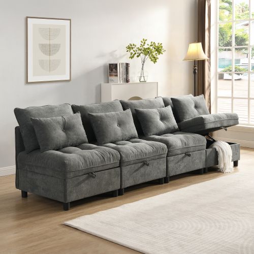 Canapé Convertible Modulaire 4 Places Avec Rangements Sous Assise Et Tissu Chenille Gris