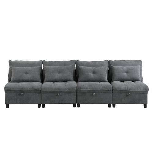 Canapé Convertible Modulaire 4 Places Avec Rangements Sous Assise Et Tissu Chenille Gris