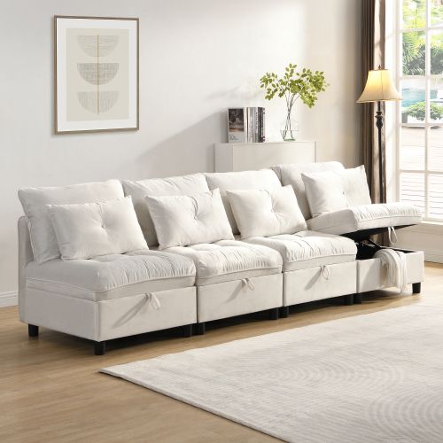 Canapé Convertible Modulaire 4 Places Avec Rangement Sous Assise En Chenille