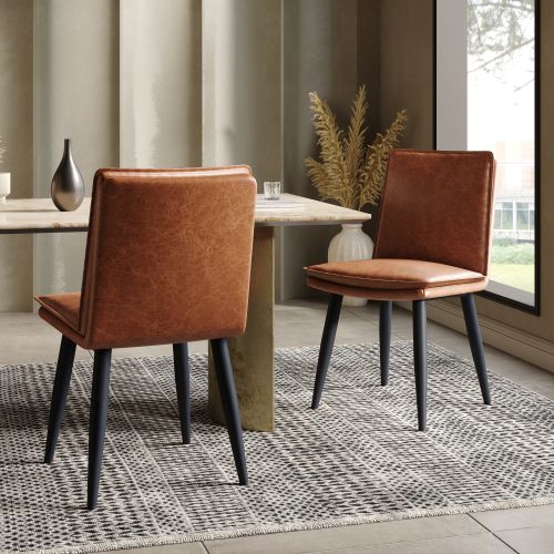 Lot De 2 Chaises De Salle à Manger En Pu, Assise Double Couche Rembourrée, Pieds Métal, Brun