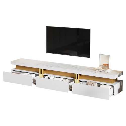 Meuble TV 200 Cm Avec 3 Tiroirs, Passage De Câbles, Blanc