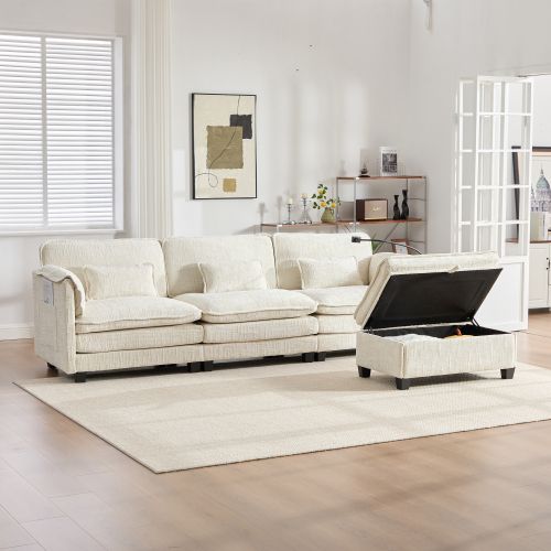 Canapé Modulable 2 Places En Chenille Avec Mousse à Mémoire, Port USB Et Pouf Modulable