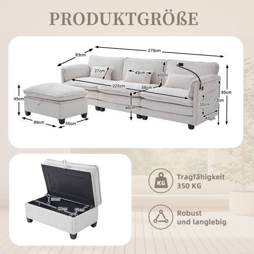 Canapé Modulable 2 Places En Chenille Avec Mousse à Mémoire, Port USB Et Pouf Modulable