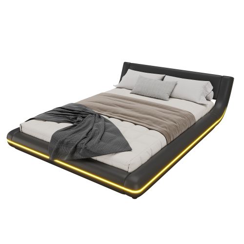 Lit Adulte 140x200 Cm, Avec Éclairage LED Ambiant, En Pu, Noir