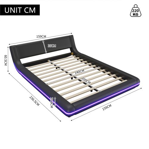 Lit Adulte 140x200 Cm, Avec Éclairage LED Ambiant, En Pu, Noir