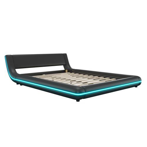 Lit Adulte 140x200 Cm, Avec Éclairage LED Ambiant, En Pu, Noir