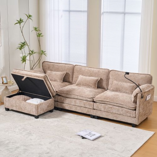 Canapé Modulable En Chenille Khaki Avec Mousse à Mémoire, Port USB Et Pouf De Rangement