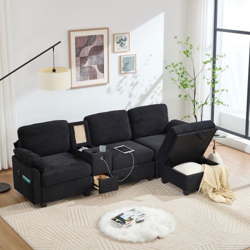 Canapé 3 Places En Velours Côtelé Avec Console Amovible, Pouf De Rangement Et Prise USB‑C