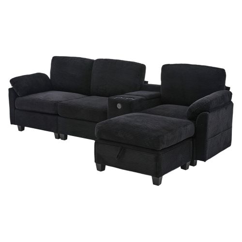 Canapé 3 Places En Velours Côtelé Avec Console Amovible, Pouf De Rangement Et Prise USB‑C