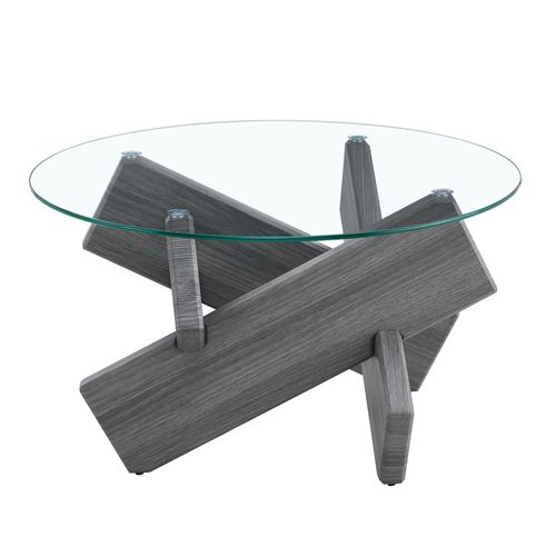 Table Basse Ronde 79x45 Cm En Mdf Et Verre Trempé, Plateau Transparent, Pieds Croisés Gris