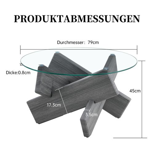 Table Basse Ronde 79x45 Cm En Mdf Et Verre Trempé, Plateau Transparent, Pieds Croisés Gris