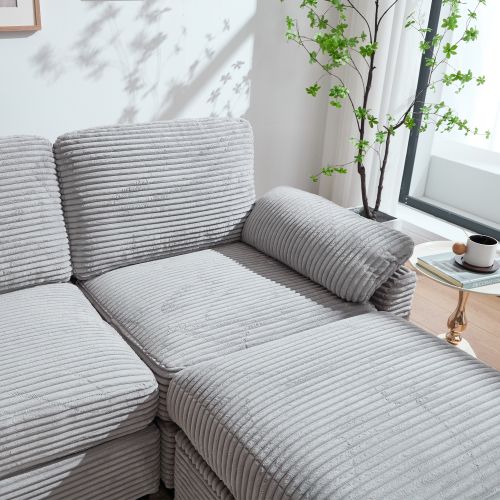 Grand Canapé En Velours Côtelé Avec Console Modulable Et Pouf De Rangement