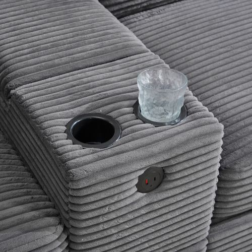 Canapé Grand Velours Côtelé Gris Foncé Avec Console Coulissante Et USB-c