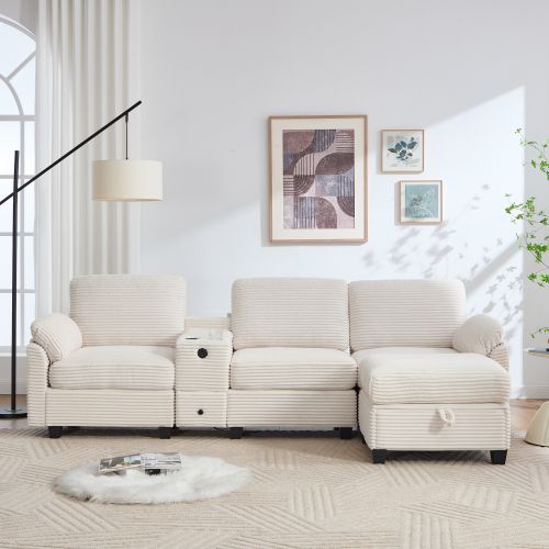 Canapé En Velours Côtelé Beige 3 Places Avec Console Amovible, Prise USB-c Et Pouf Rangement