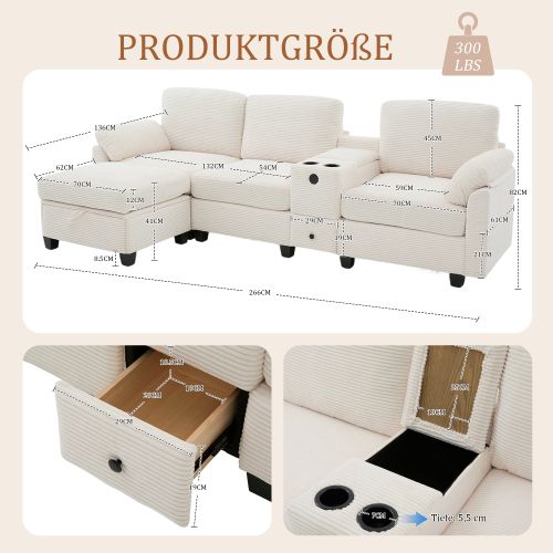 Canapé En Velours Côtelé Beige 3 Places Avec Console Amovible, Prise USB-c Et Pouf Rangement