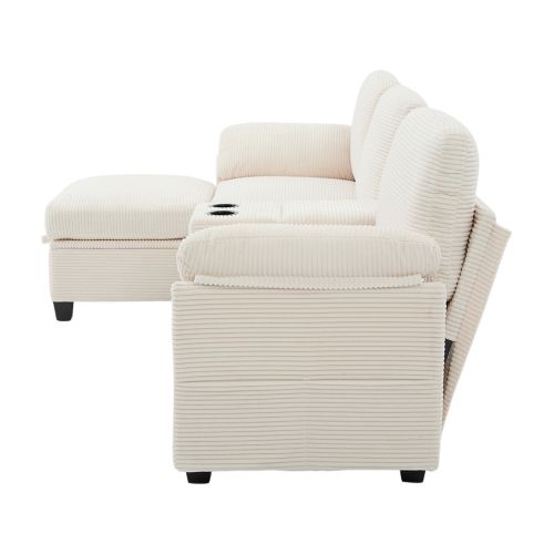 Canapé En Velours Côtelé Beige 3 Places Avec Console Amovible, Prise USB-c Et Pouf Rangement